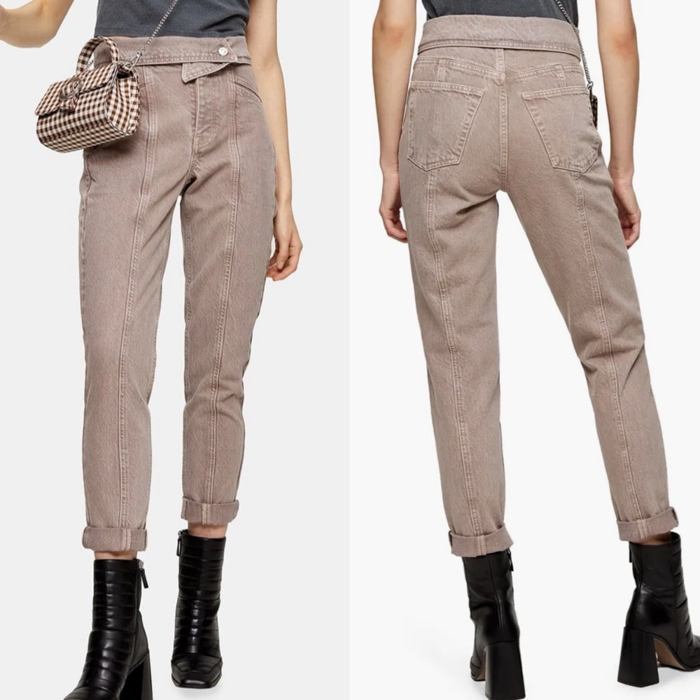 Topshop Tan Foldover Waist Crop Mom Jeans